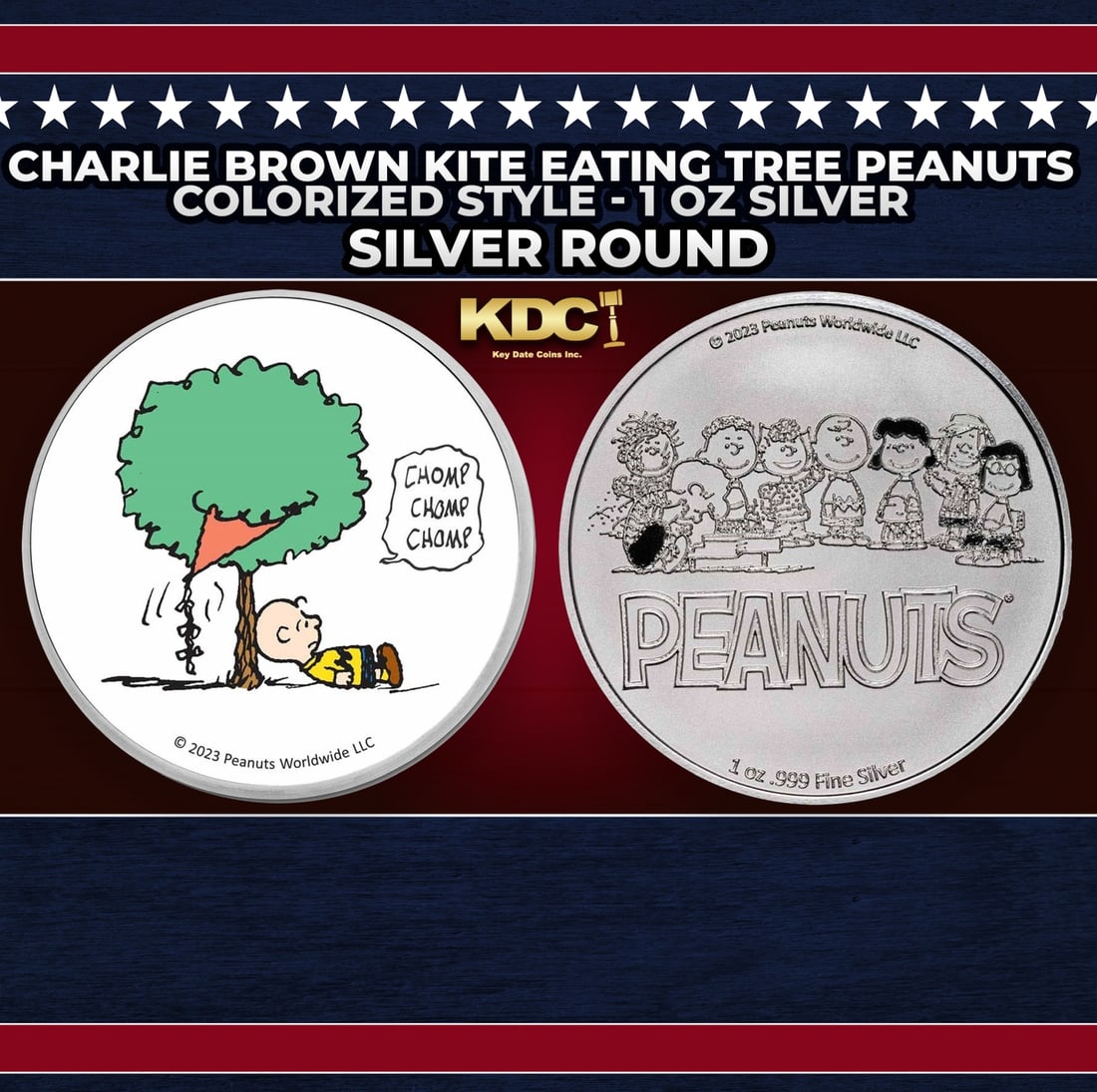 Charlie Brown Kite Eating Tree Peanuts Colorized Style - 1 oz Silver Round Round: Charlie Brown Kite Eating Tree Peanuts Colorized Style - 1 oz Silver Round. Now you can collect all of the classic Peanuts characters on these officially licensed silver rounds! Contains 1oz of .999 F