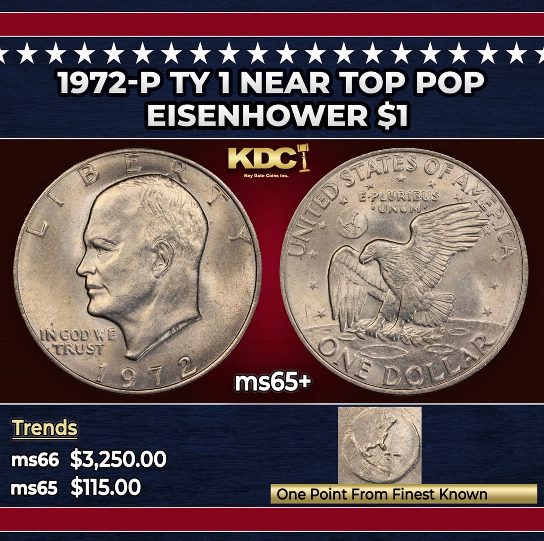 1972-p Ty 1 Eisenhower Dollar Near Top Pop $1 ms65+ SEGS: 1972-p Ty 1 Near Top Pop Eisenhower Dollar $1 ms65+ SEGS. Historic precious metal trends is causing increased spot pricing by the day. On auctions with set openings, we are doing our best to have