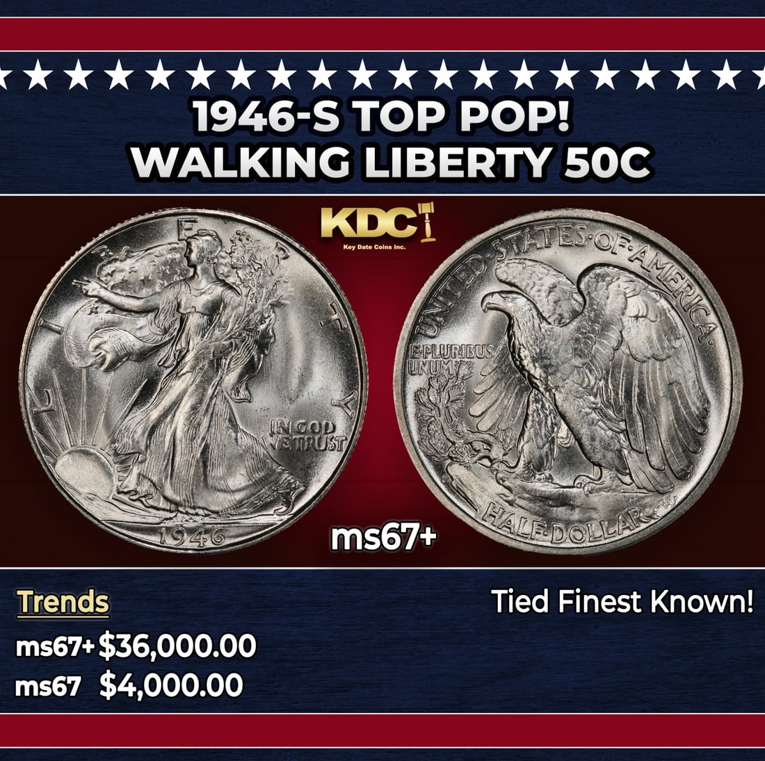 1946-s Walking Liberty Half Dollar TOP POP! 50c ms67+ SEGS: 1946-s TOP POP! Walking Liberty Half Dollar 50c ms67+ SEGS. Historic precious metal trends is causing increased spot pricing by the day. On auctions with set openings, we are doing our best to have it