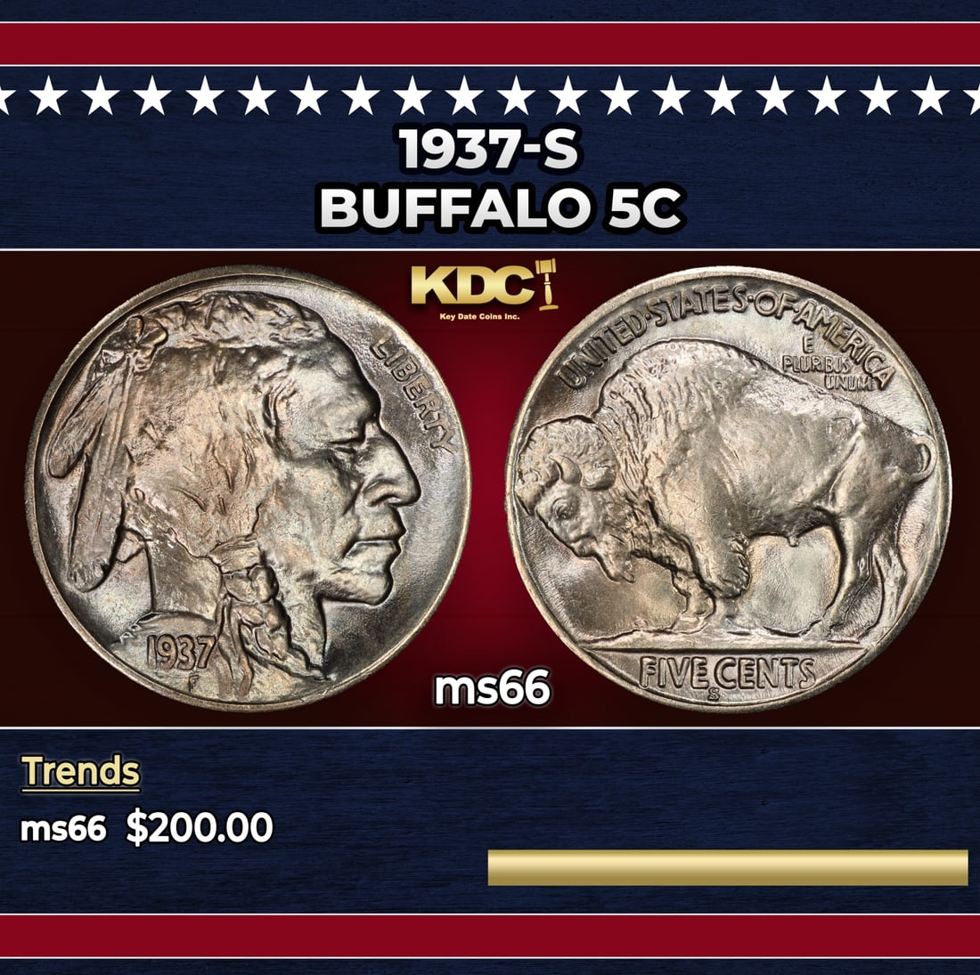 1937-s Buffalo Nickel 5c Grades ms66: 1937-s Buffalo Nickel 5c Grades ms66. Historic precious metal trends is causing increased spot pricing by the day. On auctions with set openings, we are doing our best to have items priced at their ma