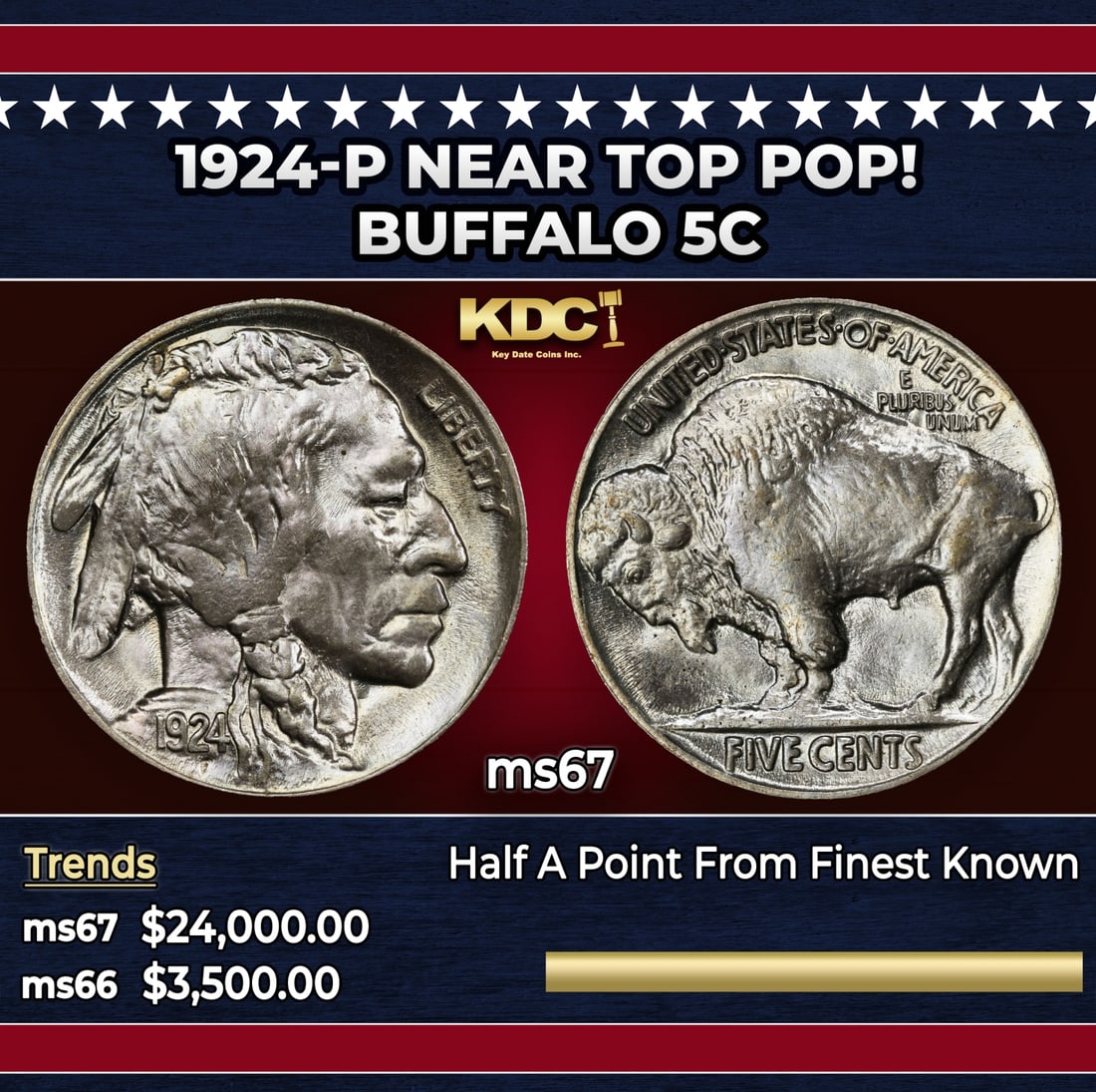 1924-p Buffalo Nickel Near Top Pop! 5c ms67 SEGS: 1924-p Near Top Pop! Buffalo Nickel 5c ms67 SEGS. Historic precious metal trends is causing increased spot pricing by the day. On auctions with set openings, we are doing our best to have items priced