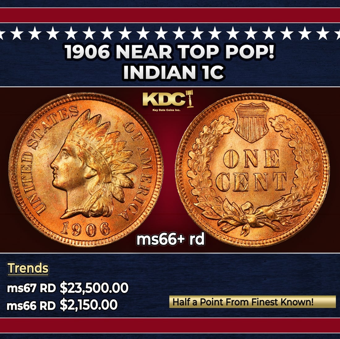 1906 Indian Cent Near Top Pop! 1c ms66+ rd SEGS: 1906 Near Top Pop! Indian Cent 1c ms66+ rd SEGS. Historic precious metal trends is causing increased spot pricing by the day. On auctions with set openings, we are doing our best to have items priced 