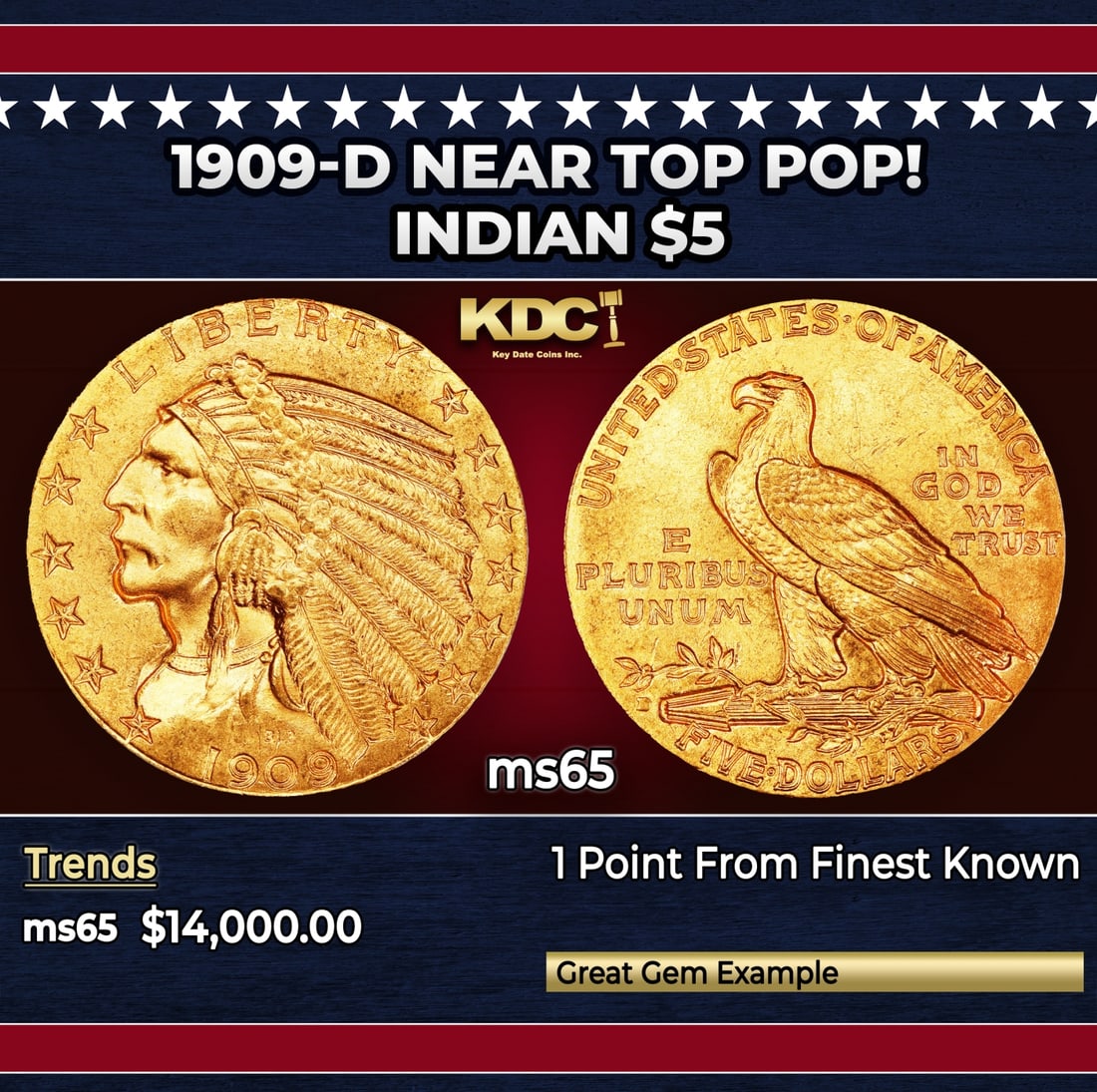 1909-d Gold Indian Half Eagle Near Top Pop! $5 ms65 USCG: 1909-d Near Top Pop! Gold Indian Half Eagle $5 ms65 USCG. Offered is an extraordinary example of this otherwise readily obtainable Indian half eagle issue. Intensely lustrous and satiny, the surfaces 