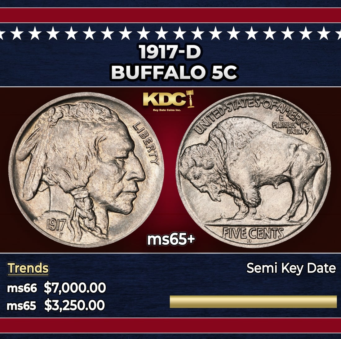 1917-d Buffalo Nickel 5c ms65+ SEGS (1 of 3)