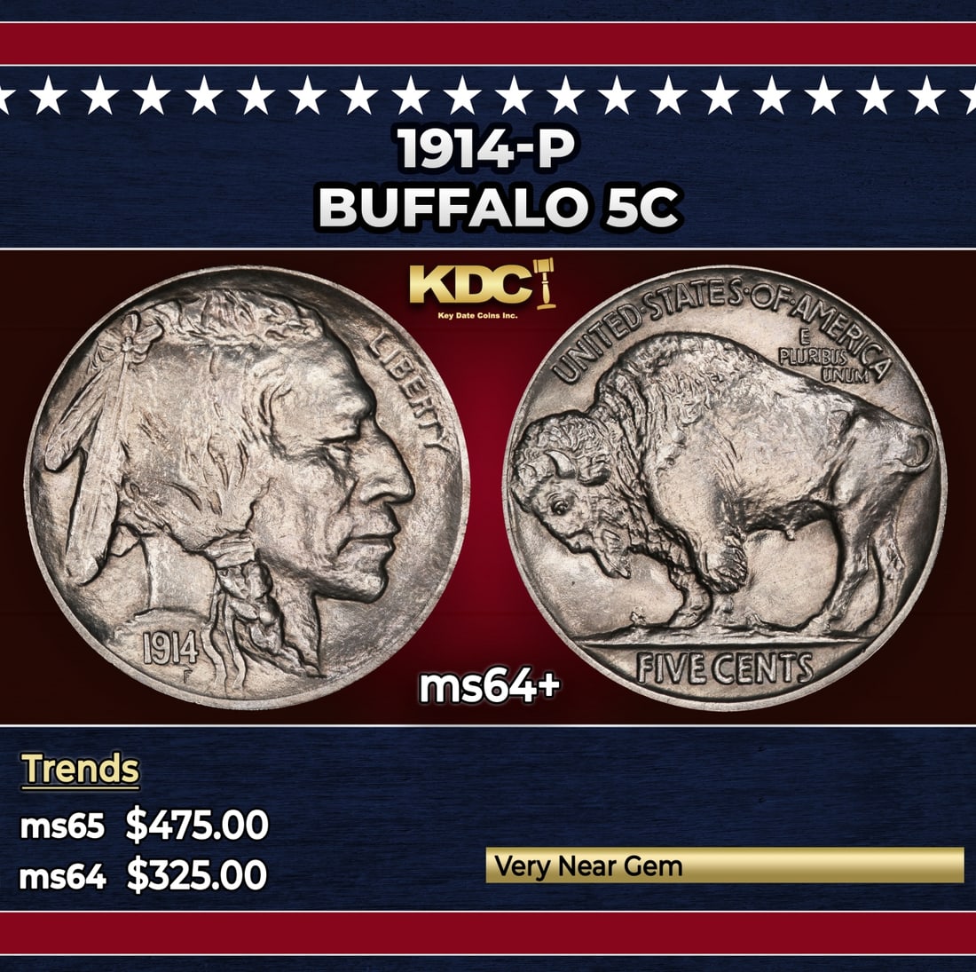 1914-p Buffalo Nickel 5c Grades ms64+ (1 of 3)