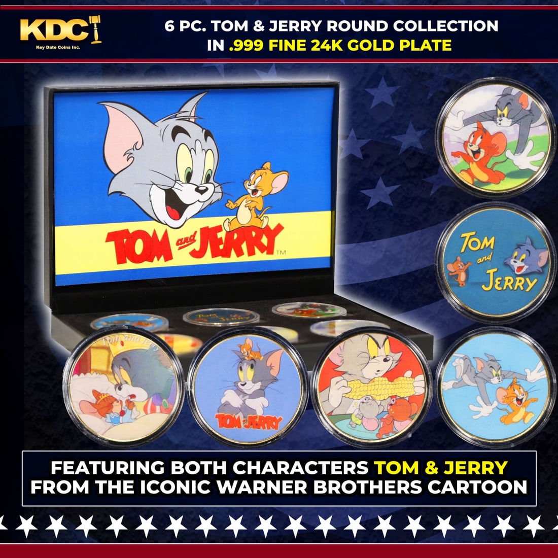 6 Coin Tom and Jerry Gold Plated Round Collection In Custom Box W/ Special Backer card: 6 Coin Tom and Jerry Gold Plated Round Collection In Custom Box W/ Special Backer card. Please Note All Backer Cards may have slight differences but will be very similar if not identical to the one in