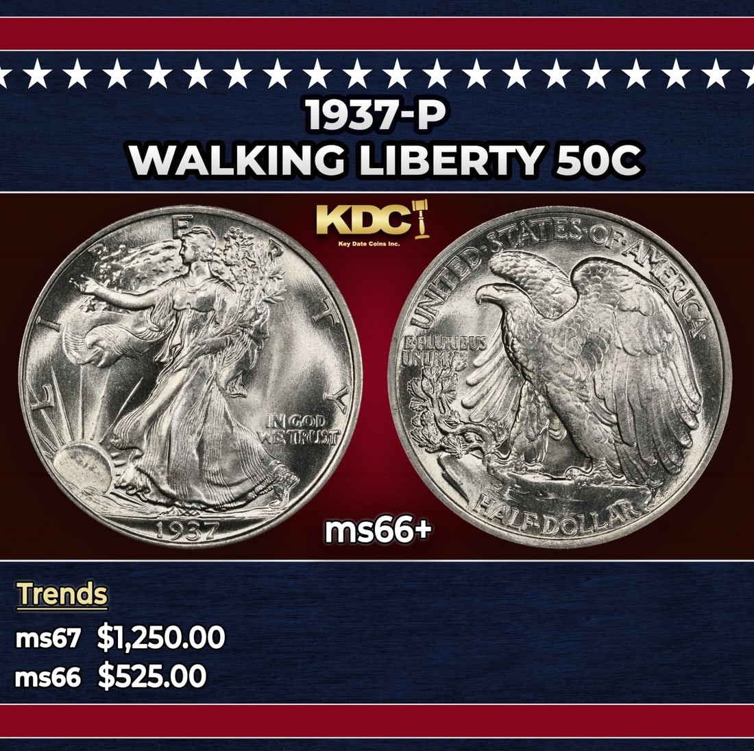 1937-p Walking Liberty Half Dollar 50c ms66+ SEGS (1 of 3)