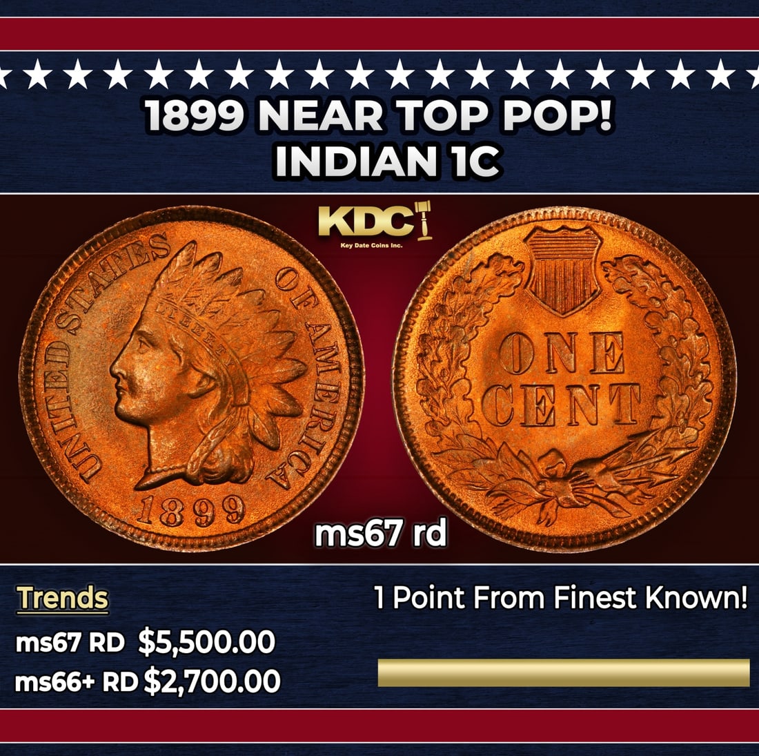 1899 Indian Cent Near Top Pop! 1c ms67 rd SEGS: 1899 Near Top Pop! Indian Cent 1c ms67 rd SEGS. Historic precious metal trends is causing increased spot pricing by the day. On auctions with set openings, we are doing our best to have items priced a