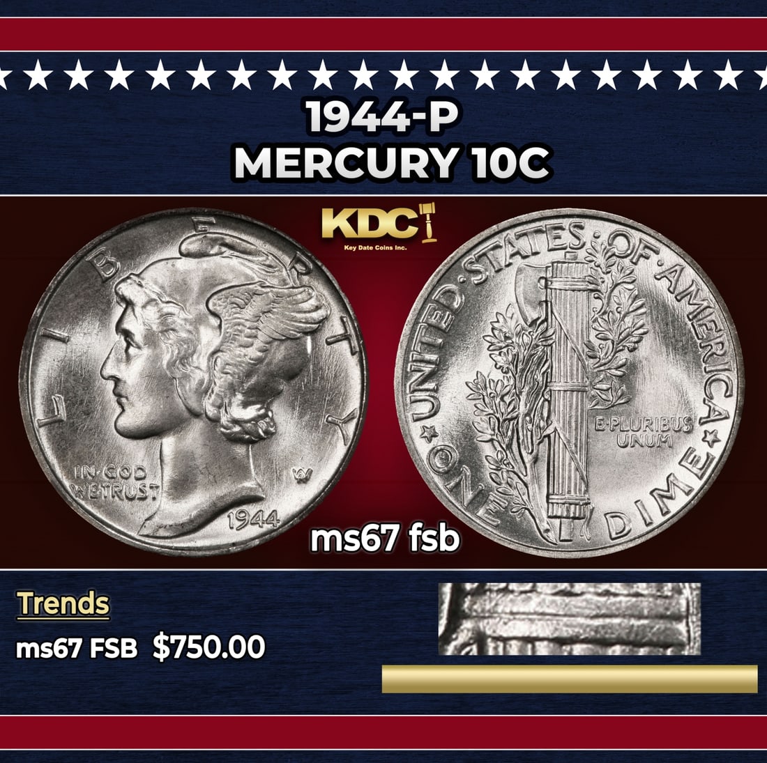 1944-p Mercury Dime 10c ms67 fsb SEGS (1 of 4)