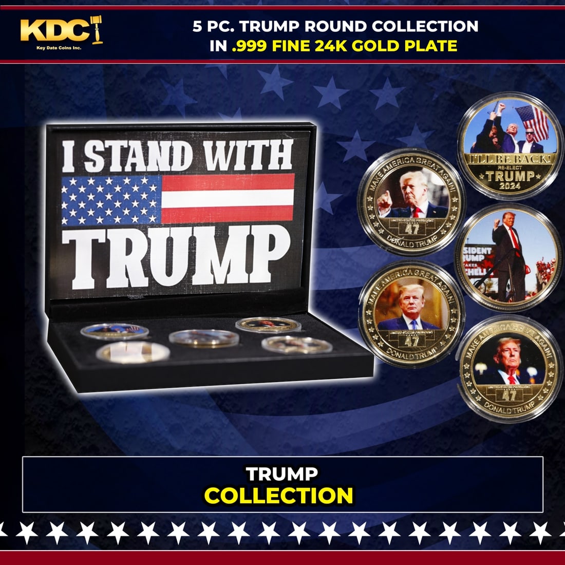 5 Coin "I Stand With Trump" Gold Plated Round Collection: 5 Coin "I Stand With Trump" Gold Plated Round Collection. Please Note All Backer Cards may have slight differences but will be very similar if not identical to the one in the photo