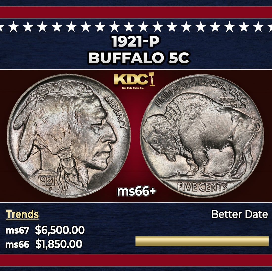 1921-p Buffalo Nickel 5c ms66+ SEGS (1 of 3)