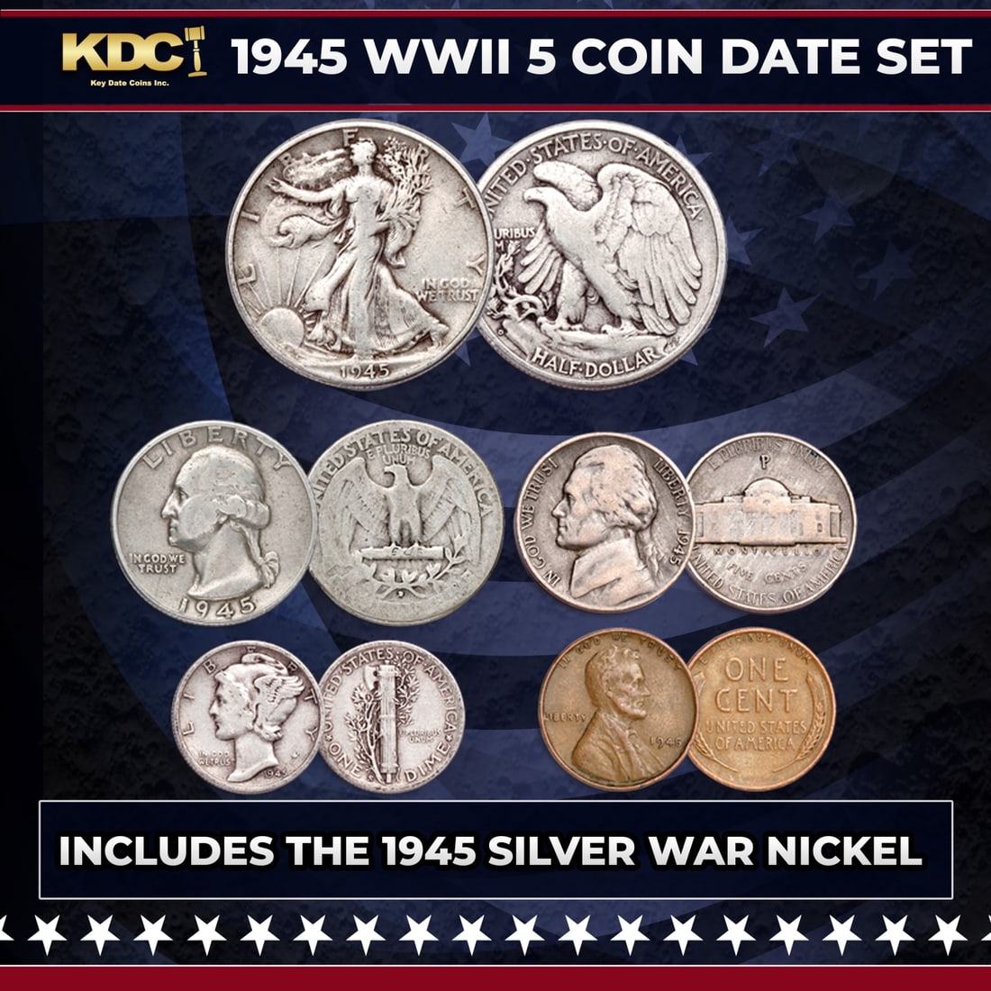 1945 WWII 5 Coin Date Set: 1945 WWII 5 Coin Date Set. Stroll down memory lane and recall the heroic efforts of the war in 1945, with this classic Date Set 1945 ? First Germany, then Japan surrender ? the war is over!Each Year S