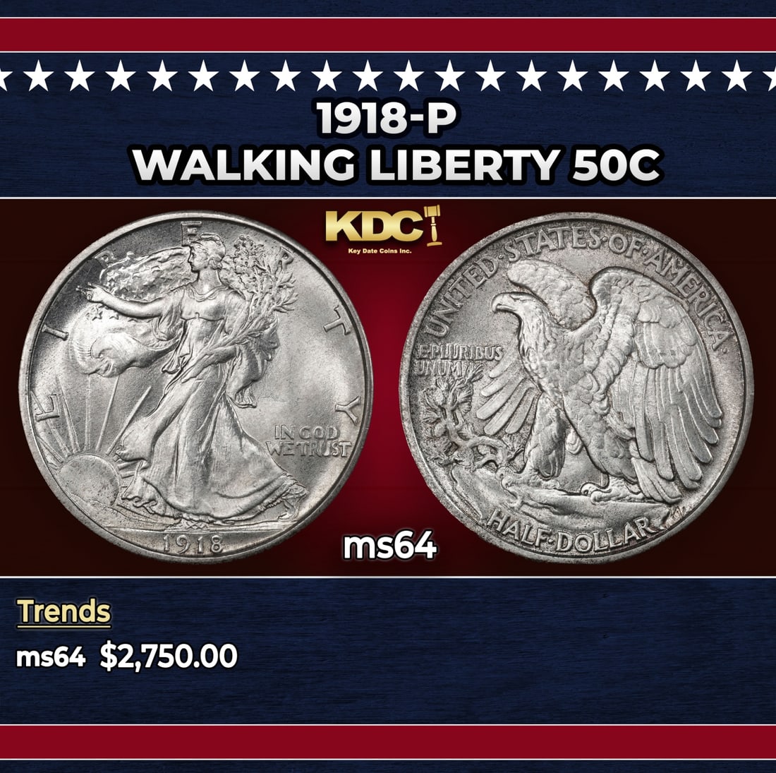 1918-p Walking Liberty Half Dollar 50c ms64 SEGS: 1918-p Walking Liberty Half Dollar 50c ms64 SEGS. Historic precious metal trends is causing increased spot pricing by the day. On auctions with set openings, we are doing our best to have items priced