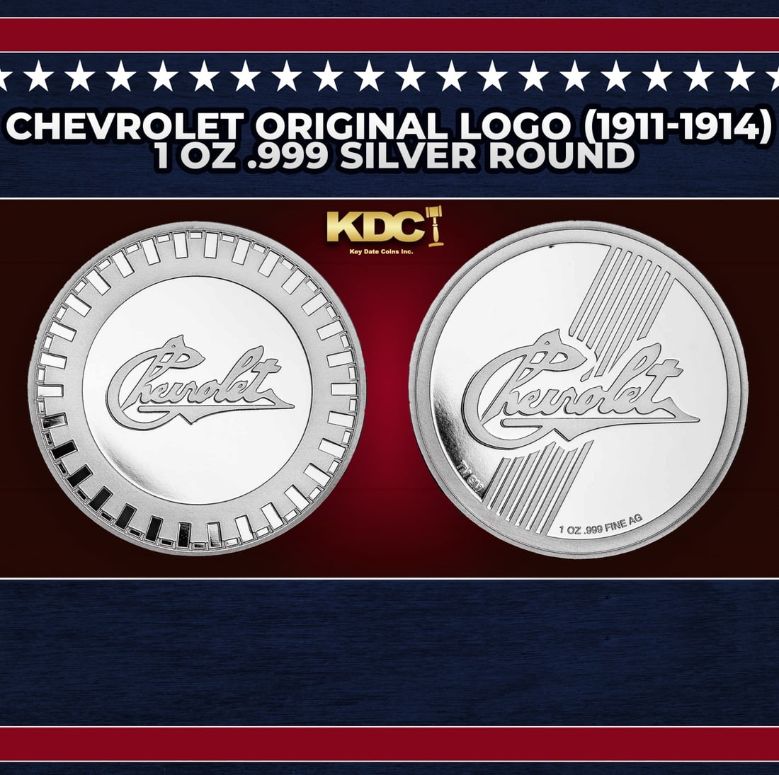 Chevrolet Original Logo (1911-1914) 1 oz .999 Silver Round Round: Chevrolet Original Logo (1911-1914) 1 oz .999 Silver Round. Chevrolet's first logo that was used from 1911-1914 shows the brand?s name written in a script font. Contains 1 oz of .999 fine Silver.