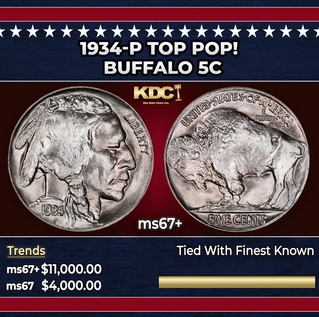 1934-p Buffalo Nickel TOP POP! 5c ms67+ SEGS: 1934-p TOP POP! Buffalo Nickel 5c ms67+ SEGS. Historic precious metal trends is causing increased spot pricing by the day. On auctions with set openings, we are doing our best to have items priced at 