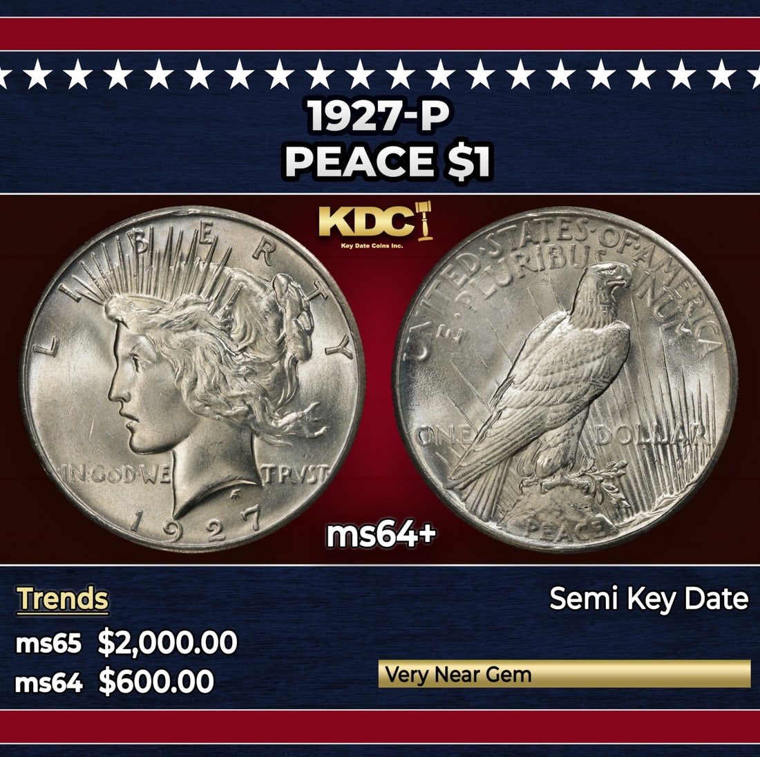1927-p Peace Dollar $1 Grades ms64+ (1 of 3)