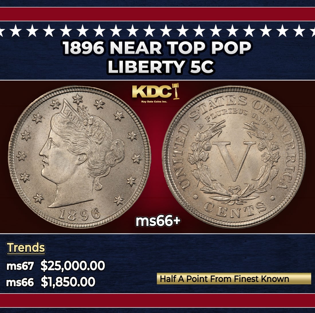 1896 Liberty Nickel Near Top Pop 5c ms66+ SEGS: 1896 Near Top Pop Liberty Nickel 5c ms66+ SEGS. Historic precious metal trends is causing increased spot pricing by the day. On auctions with set openings, we are doing our best to have items priced a