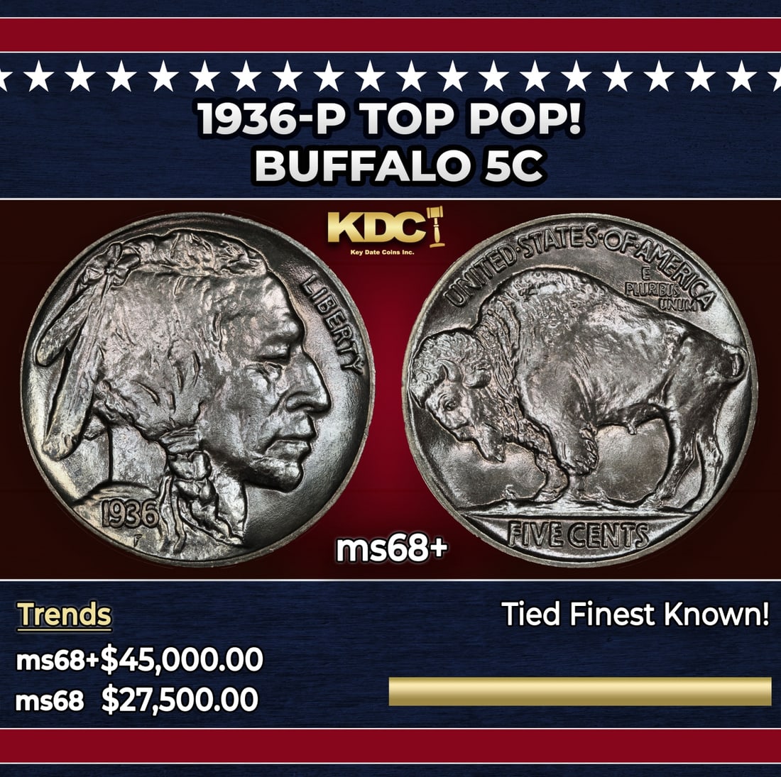 1936-p Buffalo Nickel TOP POP! 5c ms68+ SEGS: 1936-p TOP POP! Buffalo Nickel 5c ms68+ SEGS. Historic precious metal trends is causing increased spot pricing by the day. On auctions with set openings, we are doing our best to have items priced at 