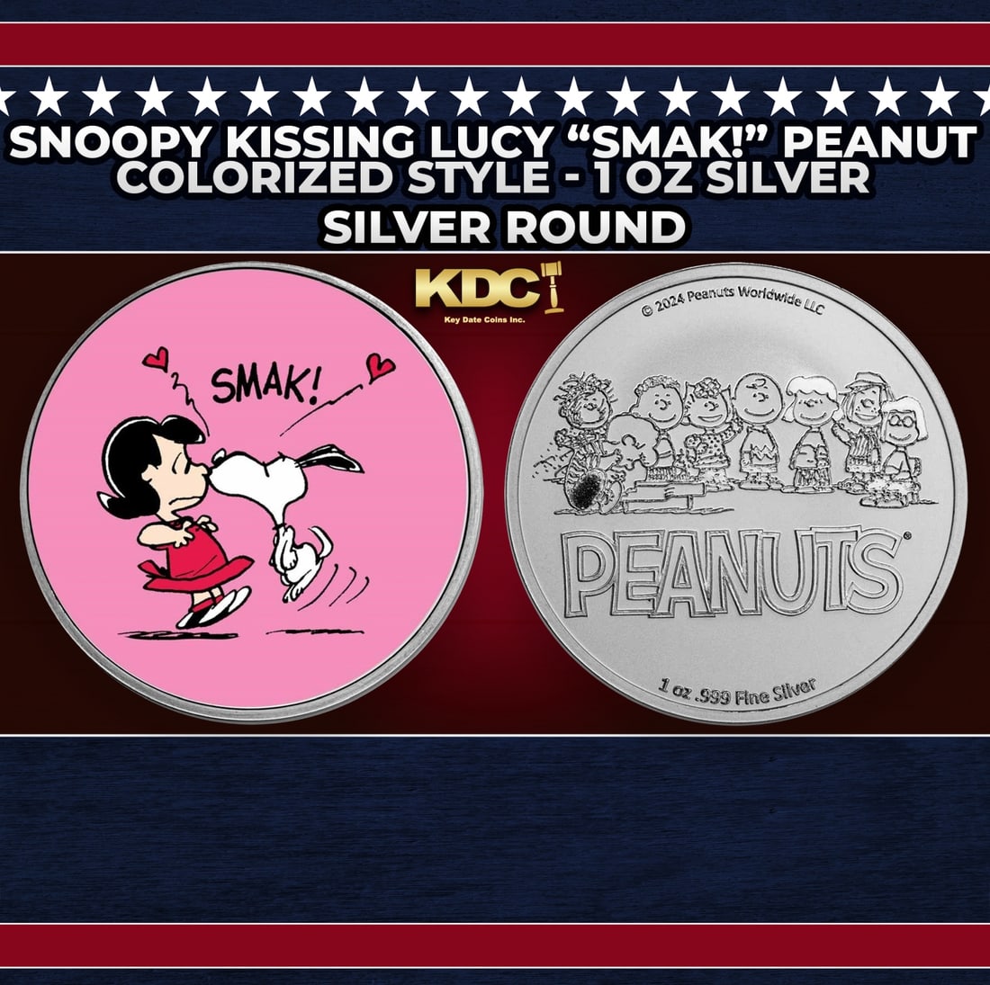Snoopy Kissing Lucy "SMAK!" Peanuts Colorized Style - 1 oz Silver Round Round: Snoopy Kissing Lucy "SMAK!" Peanuts Colorized Style - 1 oz Silver Round. Now you can collect all of the classic Peanuts characters on these officially licensed silver rounds! Contains 1oz of .999 Fine