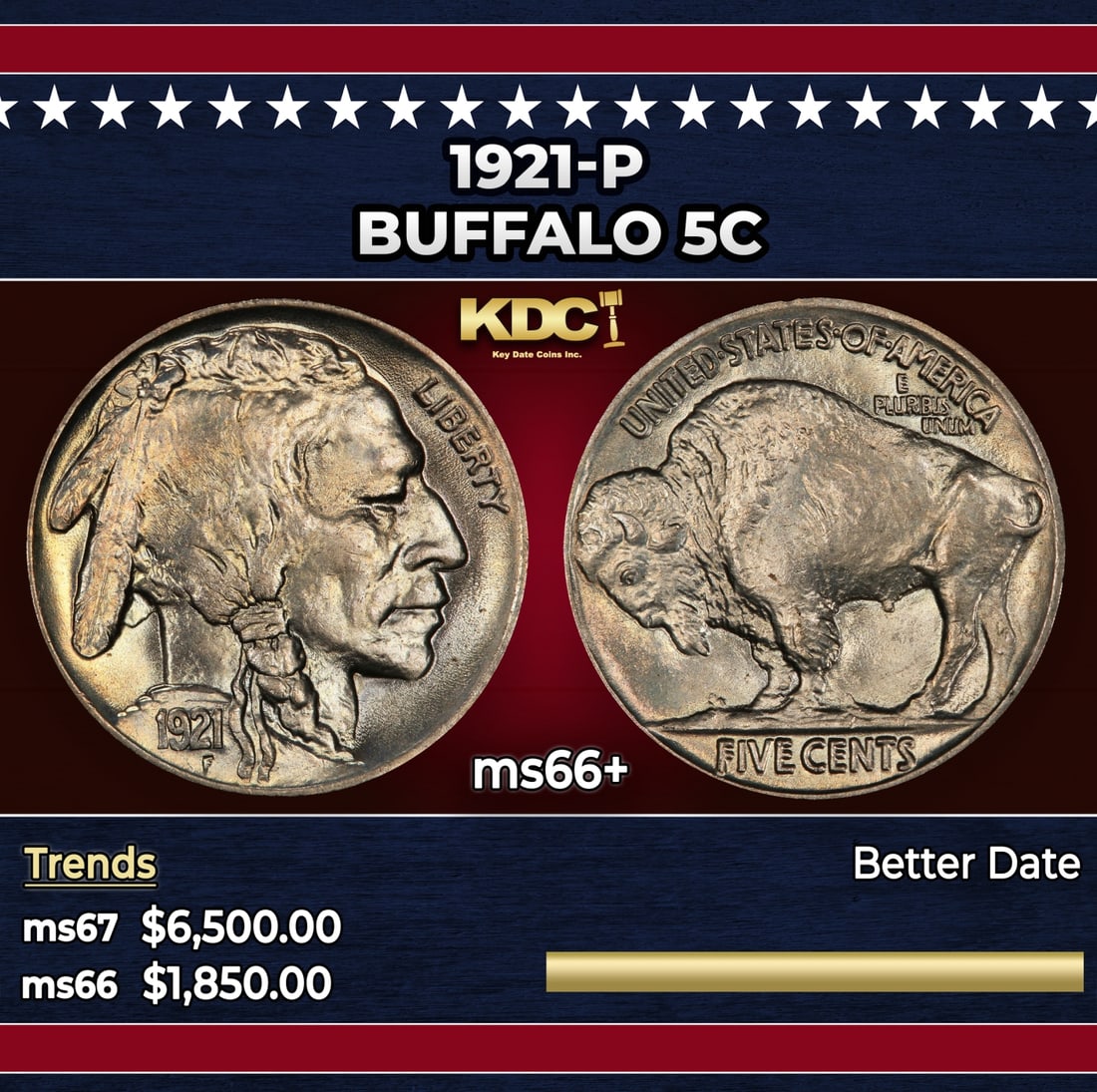 1921-p Buffalo Nickel 5c ms66+ SEGS (1 of 3)