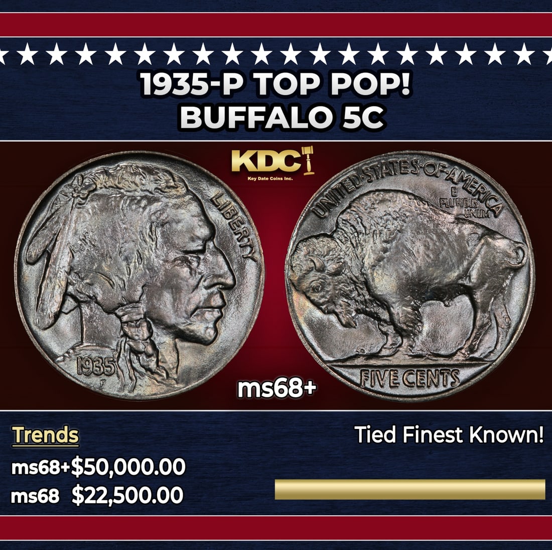 1935-p Buffalo Nickel TOP POP! 5c ms68+ SEGS: 1935-p TOP POP! Buffalo Nickel 5c ms68+ SEGS. Historic precious metal trends is causing increased spot pricing by the day. On auctions with set openings, we are doing our best to have items priced at 