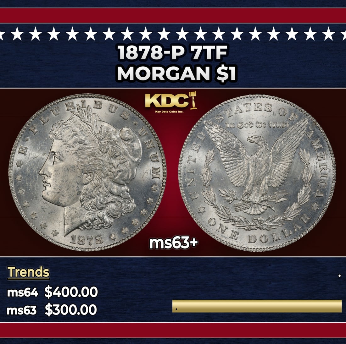 1878-p 7tf Morgan Dollar $1 Grades ms63+: 1878-p 7tf Morgan Dollar $1 Grades ms63+.