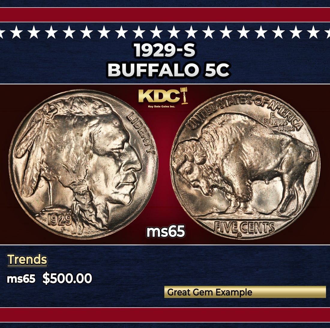 1929-s Buffalo Nickel 5c Grades ms65: 1929-s Buffalo Nickel 5c Grades ms65. Historic precious metal trends is causing increased spot pricing by the day. On auctions with set openings, we are doing our best to have items priced at their ma
