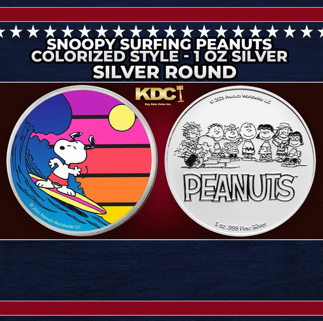 Snoopy Surfing Peanuts Colorized Style - 1 oz Silver Round Round (1 of 3)