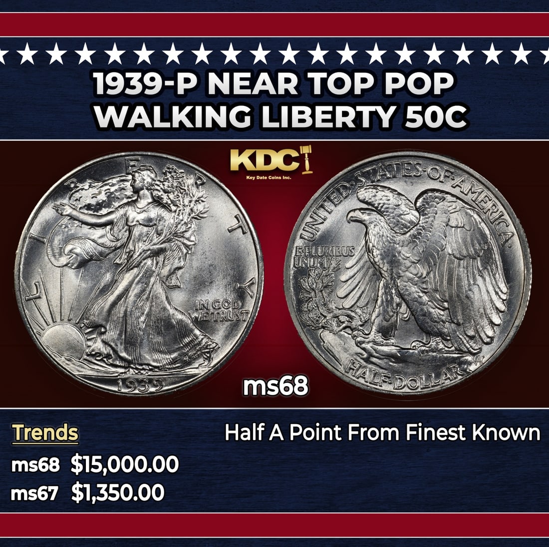 1939-p Walking Liberty Half Dollar Near Top Pop 50c ms68 SEGS: 1939-p Near Top Pop Walking Liberty Half Dollar 50c ms68 SEGS. Historic precious metal trends is causing increased spot pricing by the day. On auctions with set openings, we are doing our best to have