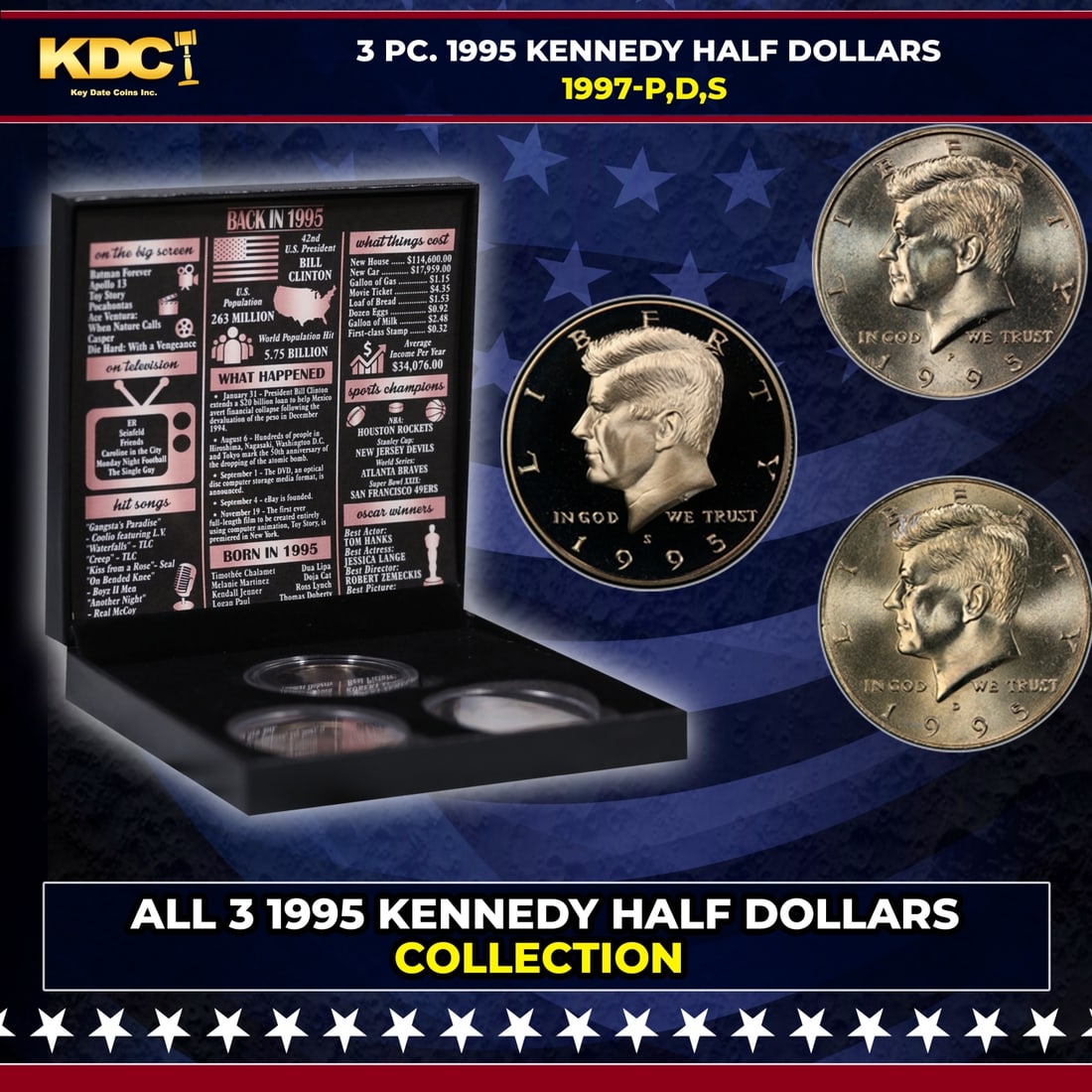 Complete 3 PC. 1995 Kennedy Half Dollar 50c set In Custom Box W/ Special Backer Card BU & Proof (1 of 7)
