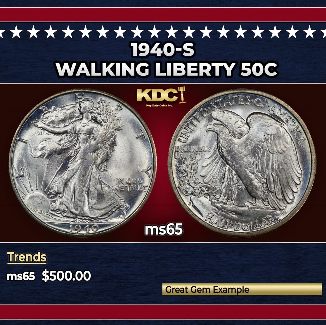 1940-s Walking Liberty Half Dollar 50c Grades ms65 (1 of 3)