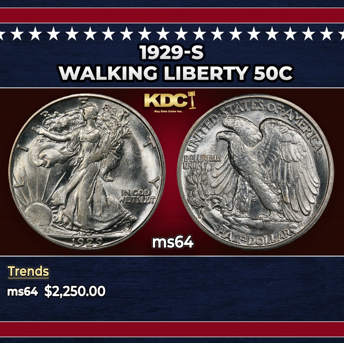 1929-s Walking Liberty Half Dollar 50c ms64 SEGS: 1929-s Walking Liberty Half Dollar 50c ms64 SEGS. Historic precious metal trends is causing increased spot pricing by the day. On auctions with set openings, we are doing our best to have items priced