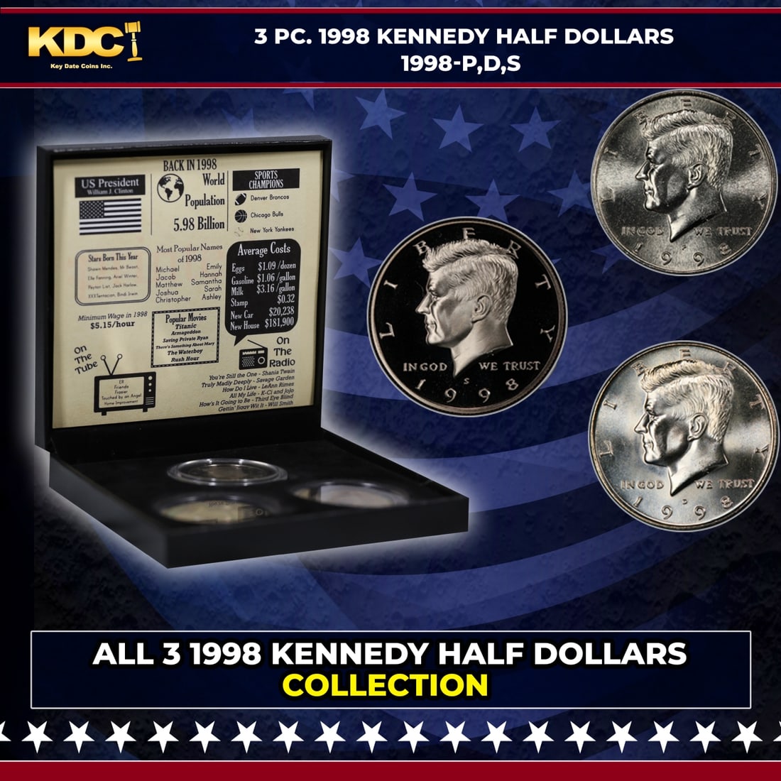 Complete 3 PC. 1998 Kennedy Half Dollar 50c set In Custom Box W/ Special Backer Card BU & Proof (1 of 7)