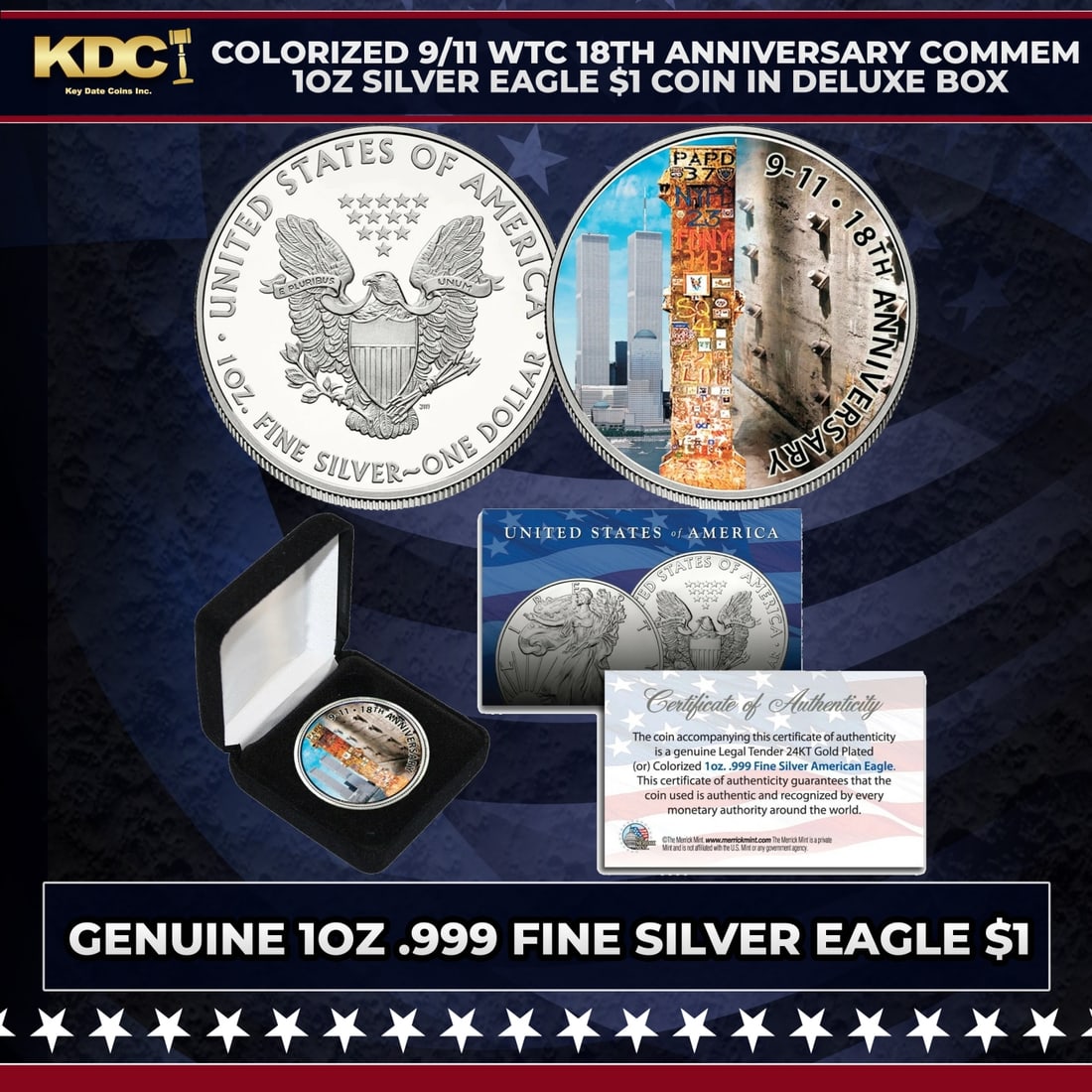 Colorized 9/11 WTC 18th Anniversary Commem 1oz Silver Eagle $1 Coin in Deluxe Box Other Toy (1 of 2)
