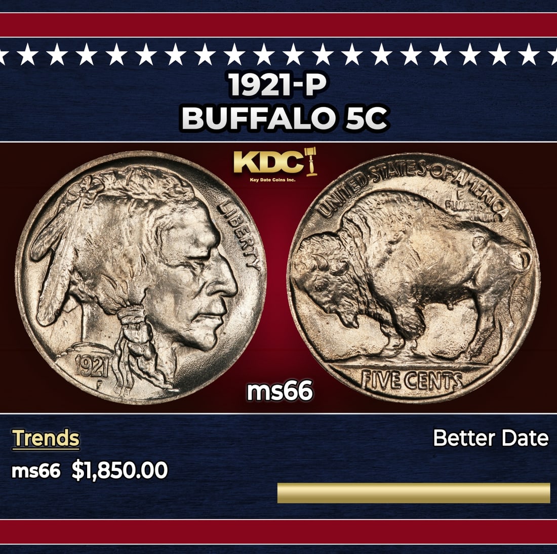 1921-p Buffalo Nickel 5c ms66 SEGS (1 of 3)