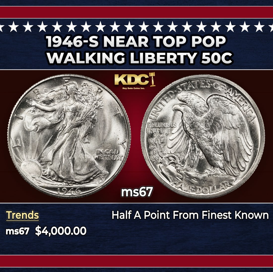 1946-s Walking Liberty Half Dollar Near Top Pop 50c ms67 SEGS: 1946-s Near Top Pop Walking Liberty Half Dollar 50c ms67 SEGS. Historic precious metal trends is causing increased spot pricing by the day. On auctions with set openings, we are doing our best to have