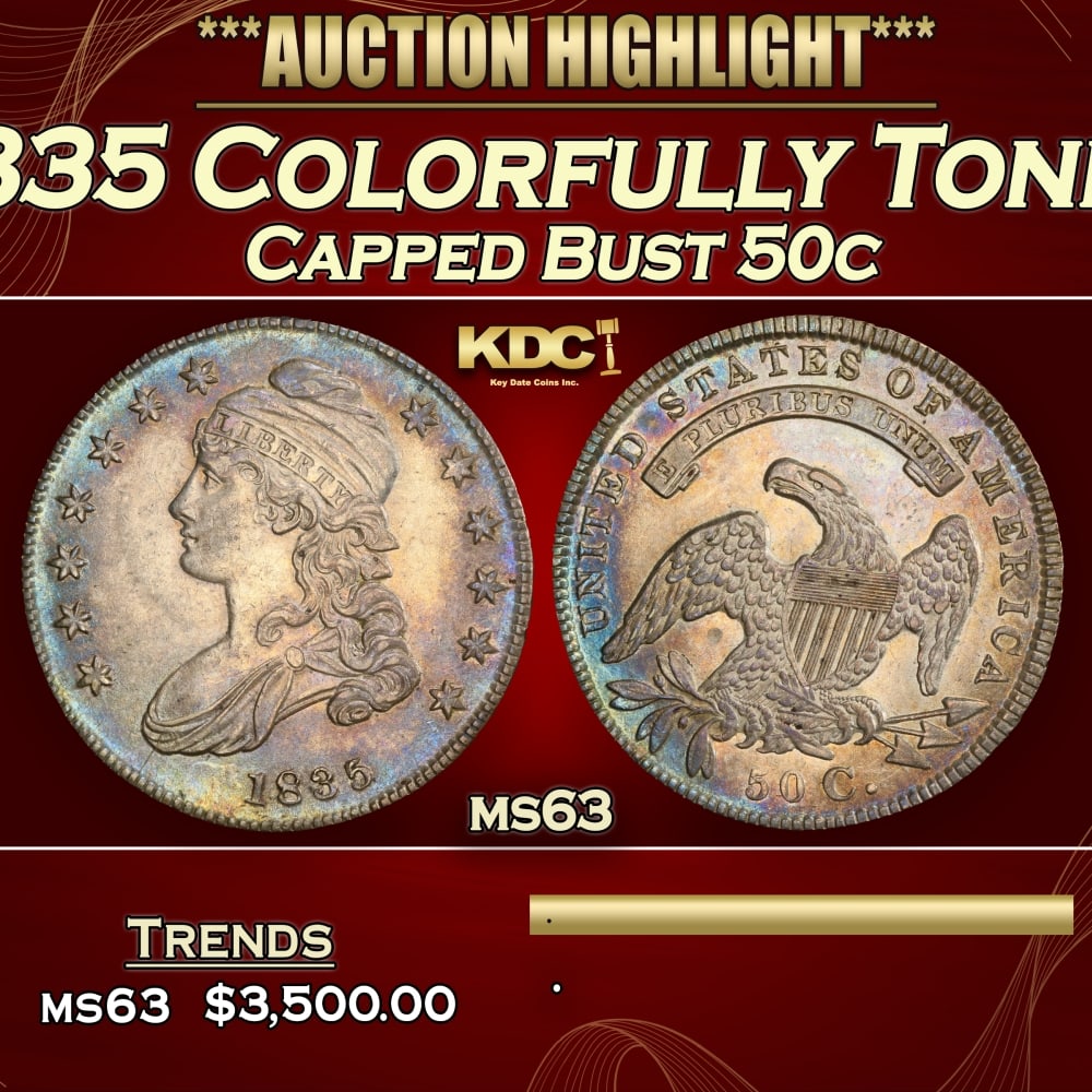 1835 Capped Bust Half Dollar Colorfully Toned 50c ms63 USCG: 1835 Colorfully Toned Capped Bust Half Dollar 50c ms63 USCG. 0