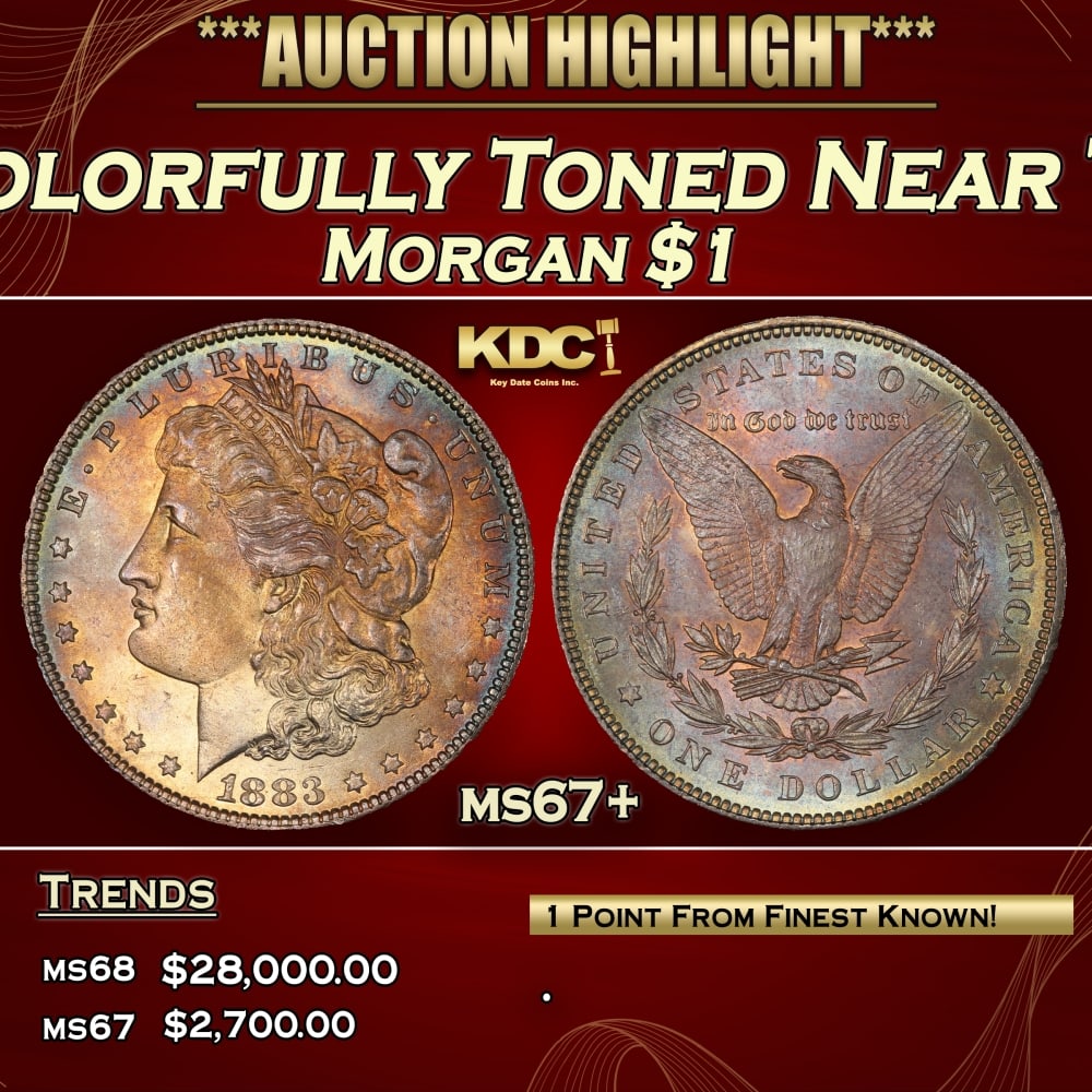 1883-p Morgan Dollar Colorfully Toned Near Top Pop! $1 ms67+ SEGS: 1883-p Colorfully Toned Near Top Pop! Morgan Dollar $1 ms67+ SEGS. 0