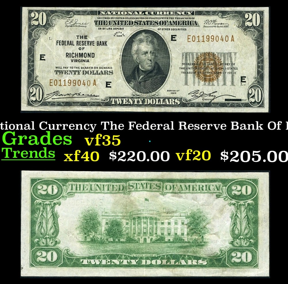 1929 $20 National Currency The Federal Reserve Bank Of Richmond, VA Grades vf++: 1929 $20 National Currency The Federal Reserve Bank Of Richmond, VA Grades vf++.