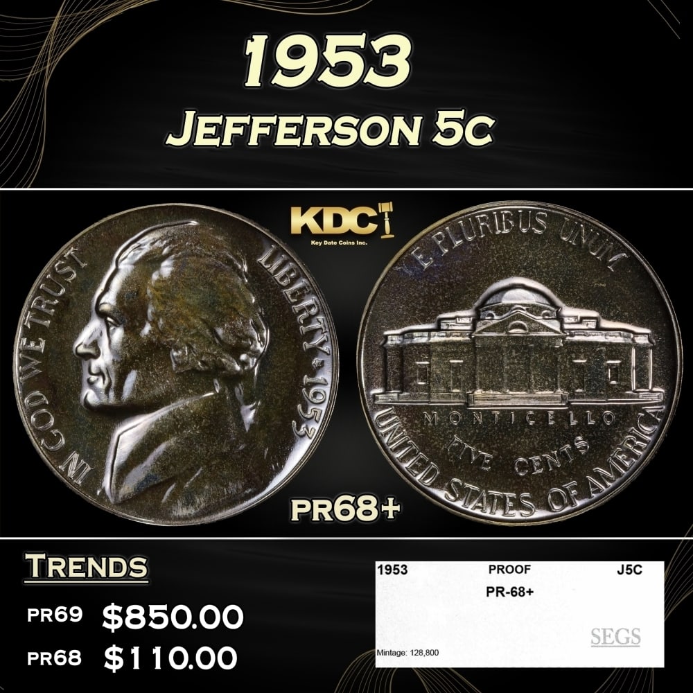 1953 Proof Jefferson Nickel 5c pr68+ SEGS (1 of 4)