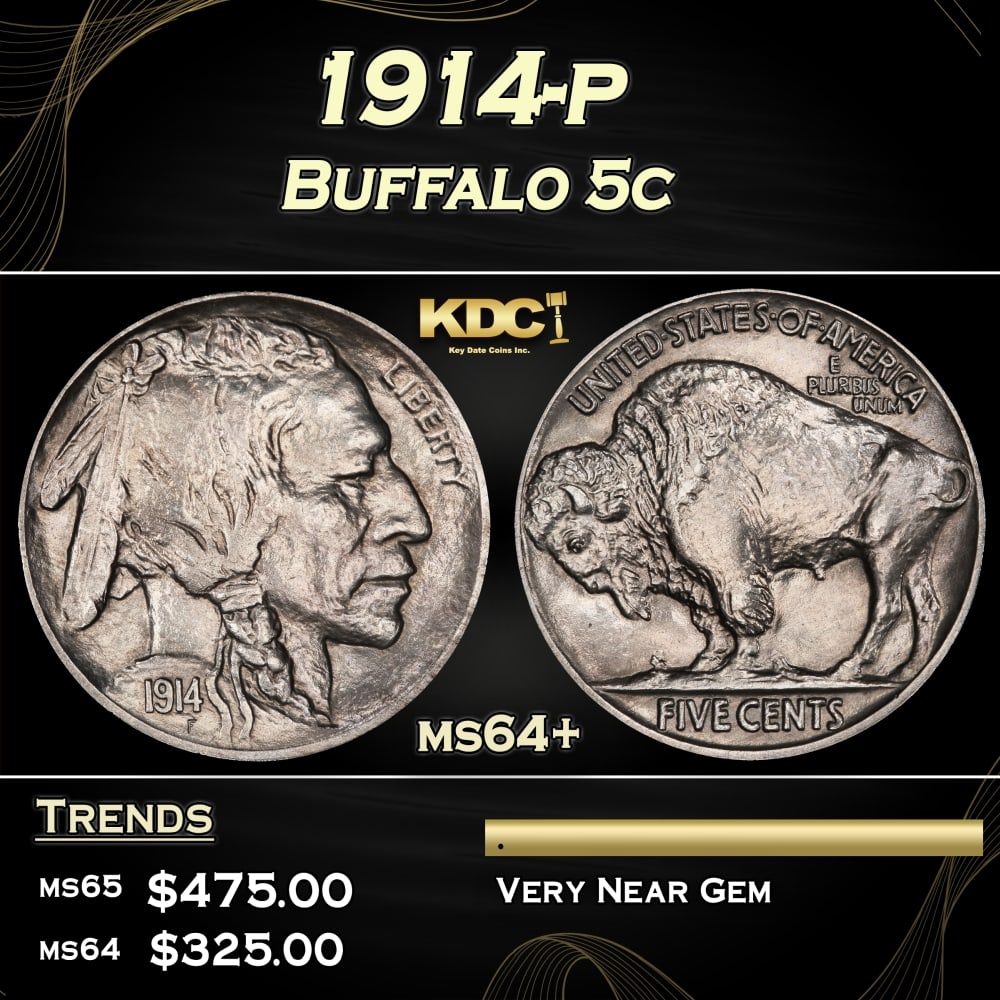 1914-p Buffalo Nickel 5c Grades ms64+ (1 of 3)