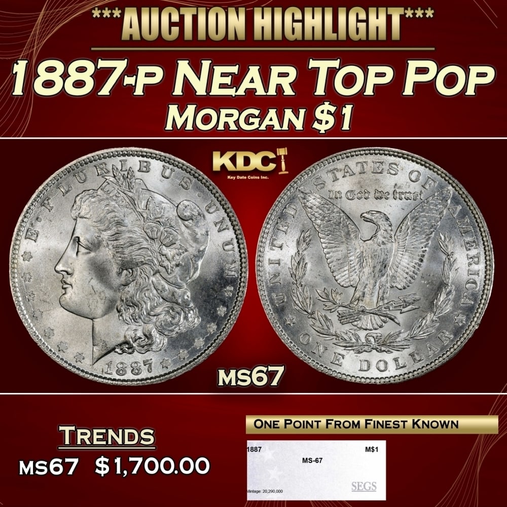 1887-p Morgan Dollar Near Top Pop $1 ms67 SEGS: 1887-p Near Top Pop Morgan Dollar $1 ms67 SEGS. 0