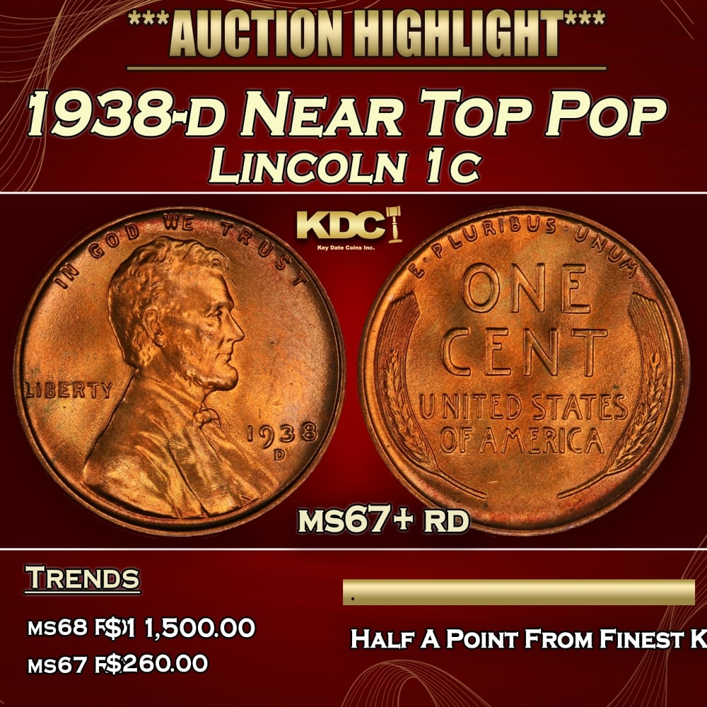 1938-d Lincoln Cent Near Top Pop 1c ms67+ rd SEGS (1 of 3)