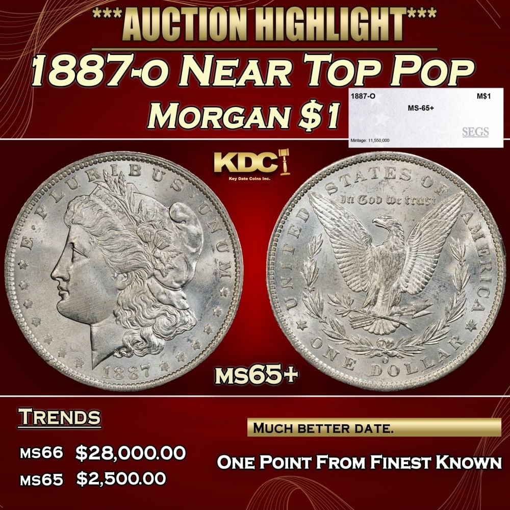 1887-o Morgan Dollar Near Top Pop $1 ms65+ SEGS: 1887-o Near Top Pop Morgan Dollar $1 ms65+ SEGS. 0
