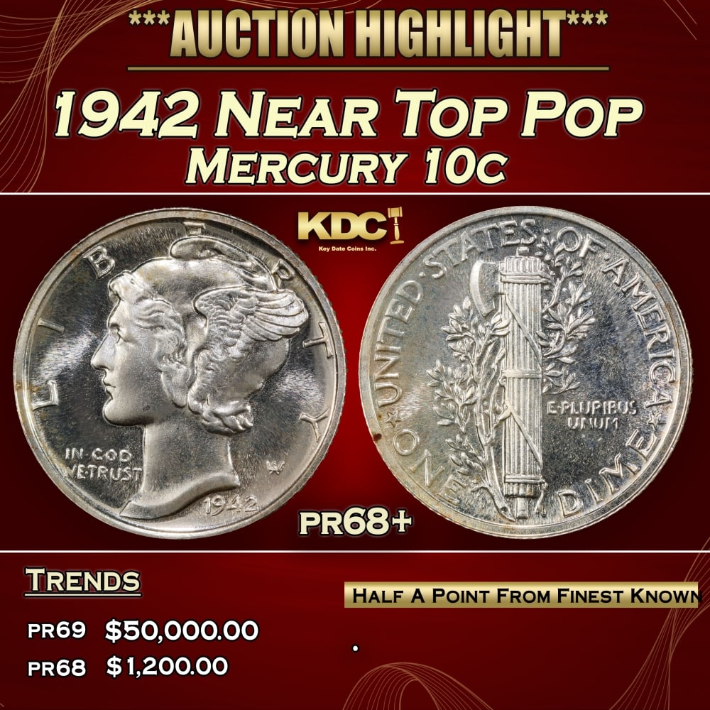 1942 Proof Mercury Dime Near Top Pop 10c pr68+ SEGS (1 of 3)