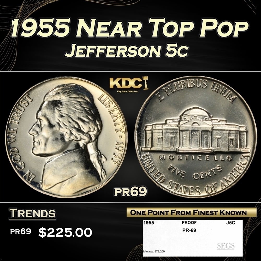 1955 Proof Jefferson Nickel Near Top Pop 5c pr69 SEGS (1 of 4)