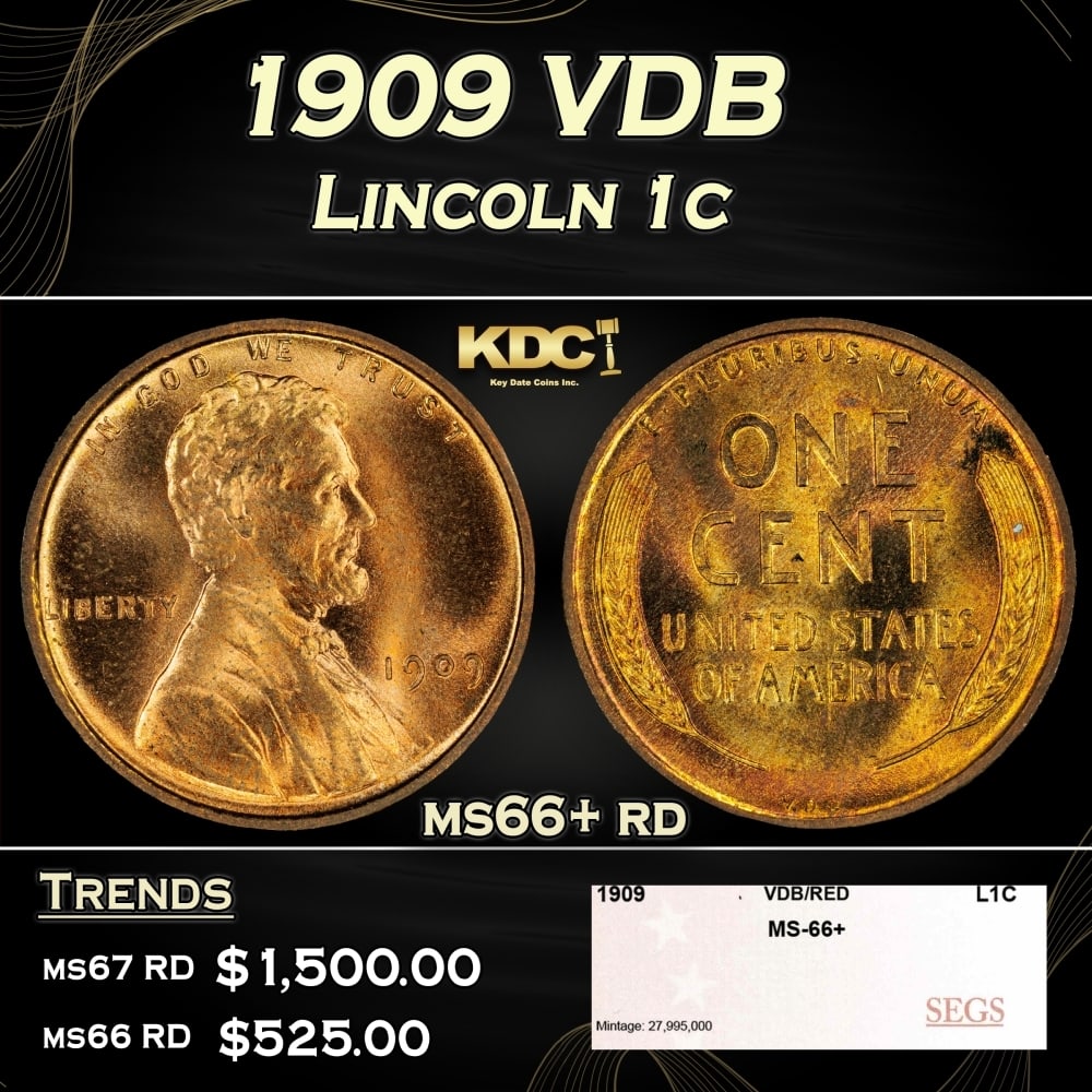 1909 VDB Lincoln Cent 1c ms66+ rd SEGS (1 of 4)