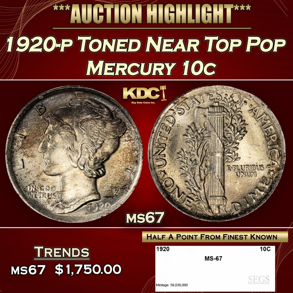 1920-p Mercury Dime Toned Near Top Pop 10c ms67 SEGS (1 of 4)