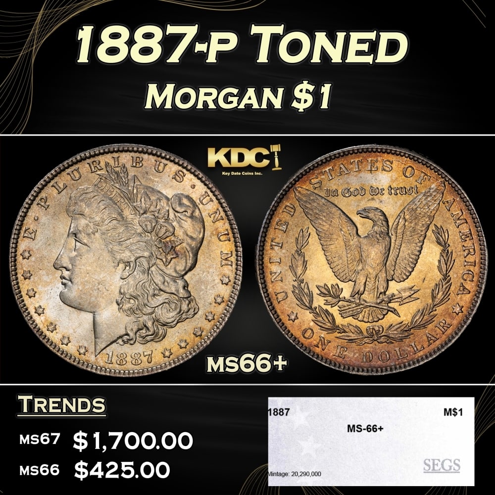 1887-p Morgan Dollar Toned $1 ms66+ SEGS: 1887-p Toned Morgan Dollar $1 ms66+ SEGS. 0