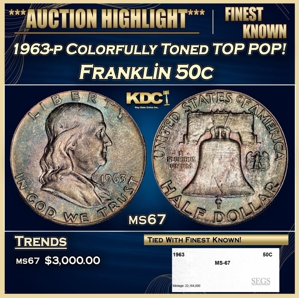 1963-p Franklin Half Dollar Colorfully Toned TOP POP! 50c ms67 SEGS (1 of 4)